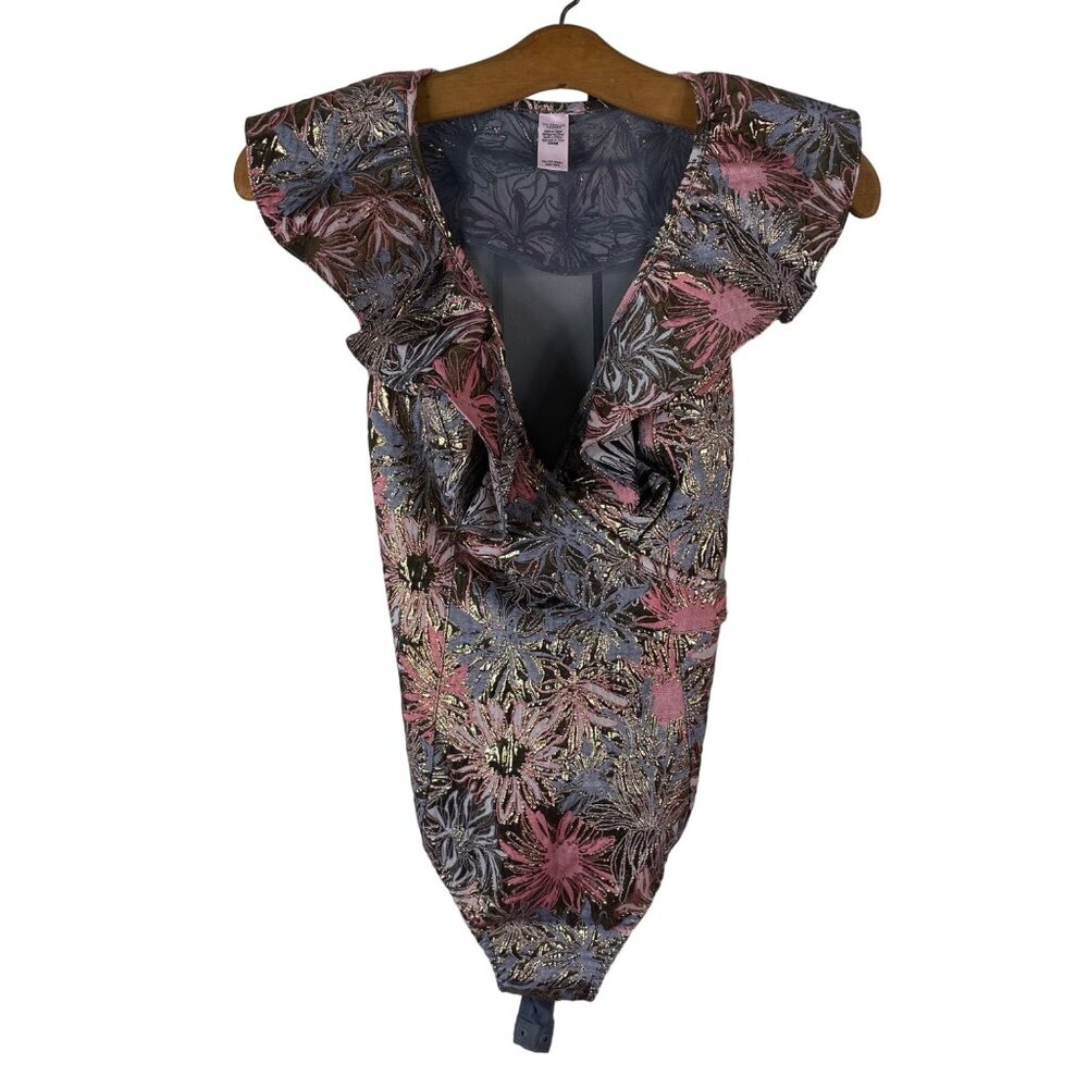 Victorias Secret Bodysuit Floral Metallic Ruffle Size XS Fairygoth Whimsi Glam